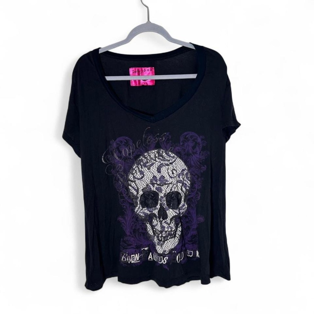 Born Famous Couture black skull tee‎ with purple accents Size 3 #goth #emo